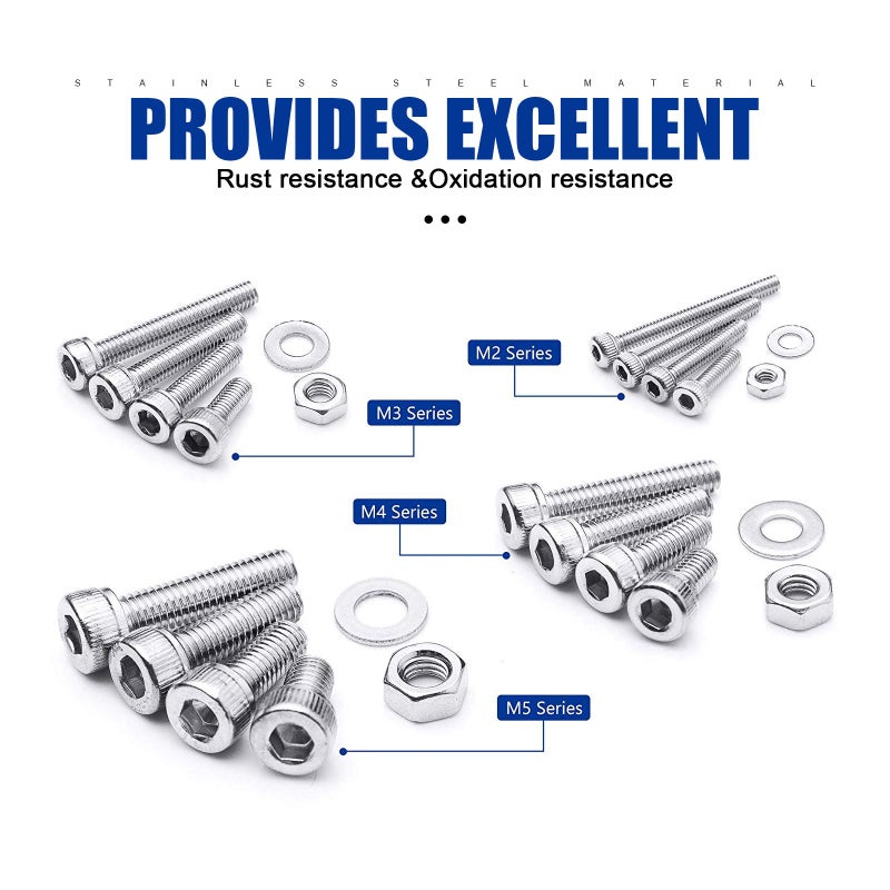 NINDEJIN 880Pcs Screw Nuts and Bolts Assortment Kit, M2 M3 M4 M5 Metric Bolts and Nuts and Washers Set, 304 Stainless Steel Precise Hex Socket Head Cap Machine Screws Set with Allen Wrenches - Image 4